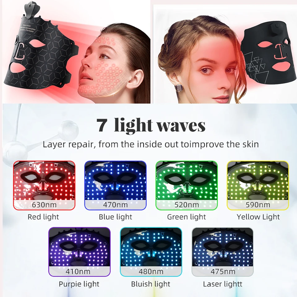 7-Farben LED Gesichtsmaske Silikon Flexibel Weich Photon Gesichtsmaske Hautreparatur Aufhellung Verjüngung Feuchtigkeitsspendend Feine Linien Ölkontrolle